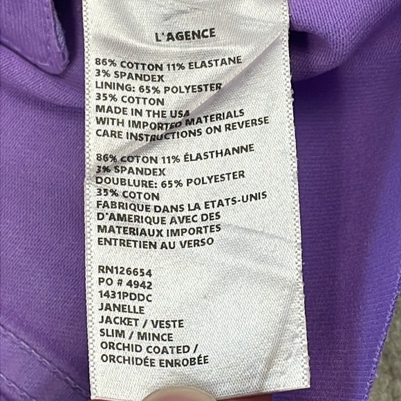 New L’Agence Janelle Jacket Slim Crop Orchid Coated Purple Sz S - Picture 14 of 14